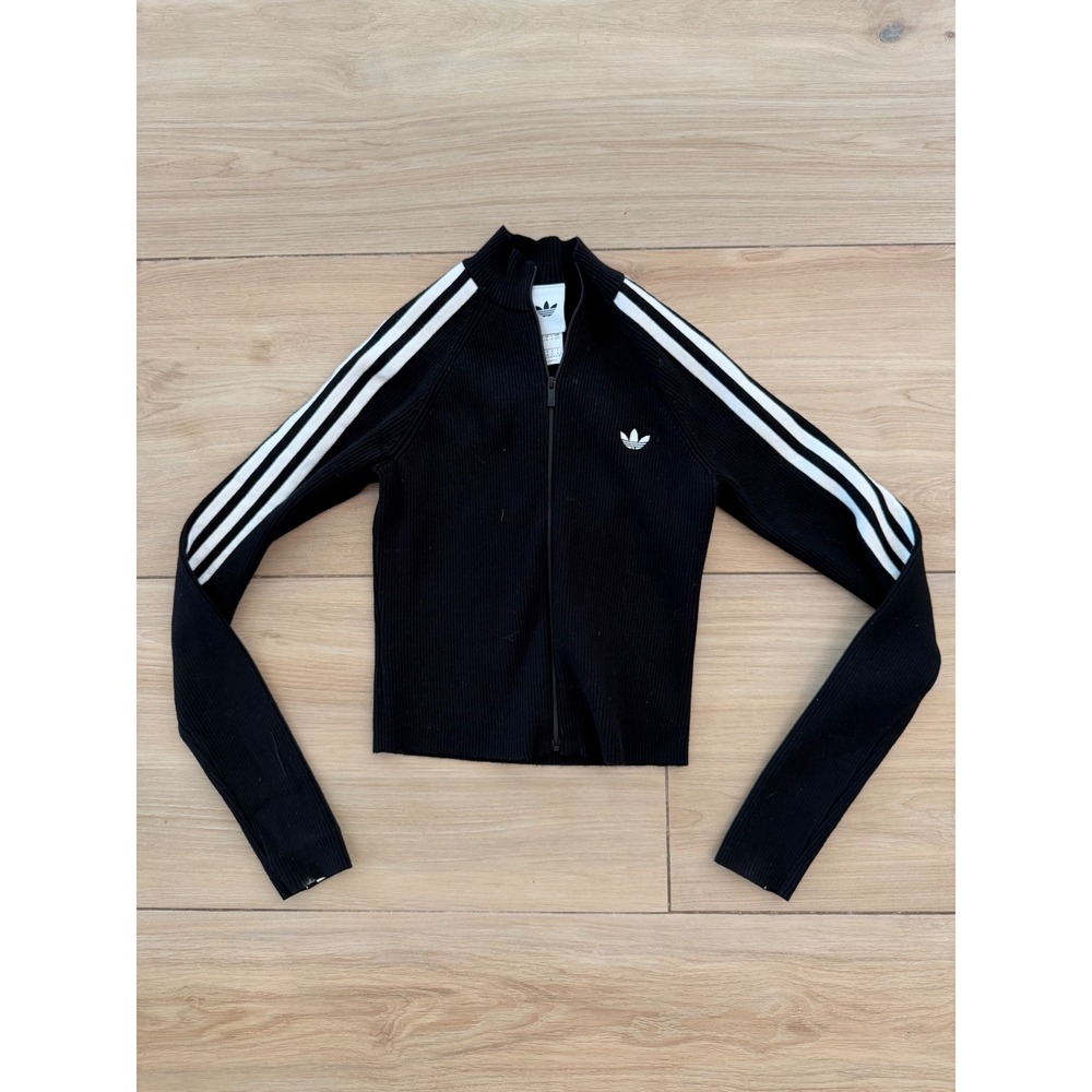 Adidas Originals Women Black Ribbed Knit 3-Stripe Zip Up Track Jacket XS